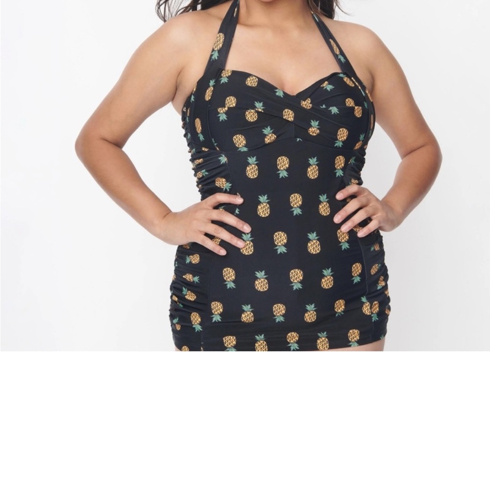 Unique Vintage Black Pineapple Halter Swimsuit